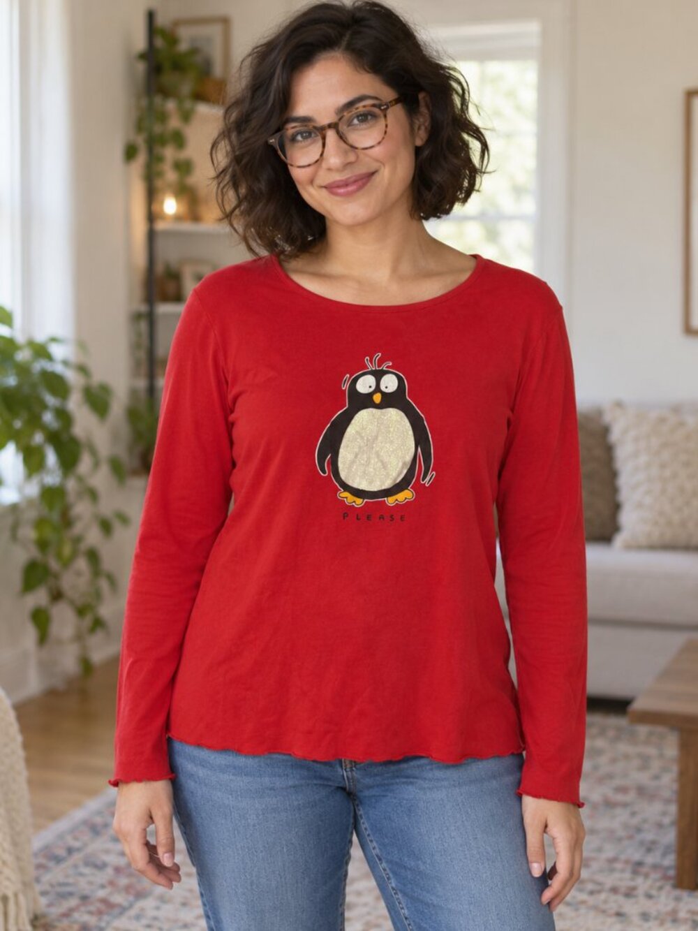 Undercolors of Benetton Red Penguin Long Sleeve Top Estimated Large